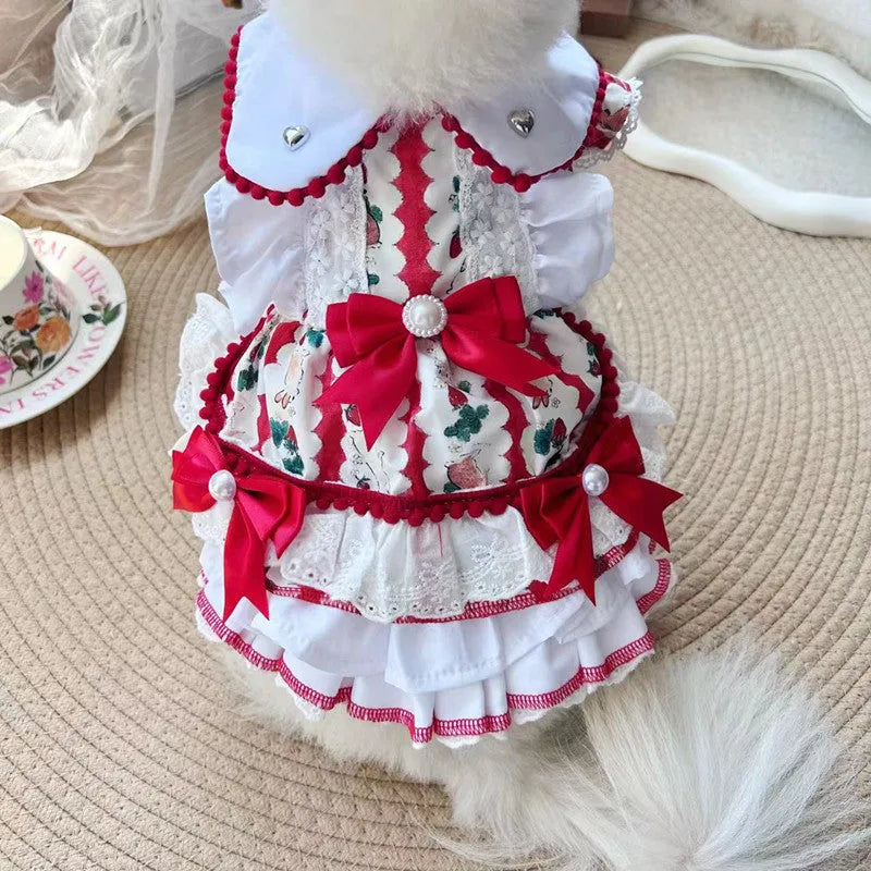 Princess style rabbit skirt dog clothing in polyester fabric showing size options from XS to XL