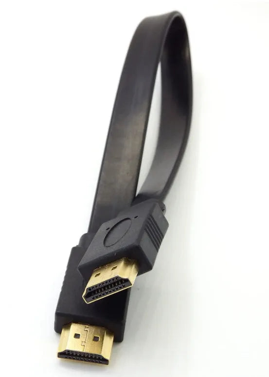 Flat HDMI 1.4 cable with gold connectors showing length options from 30cm to 10 metres