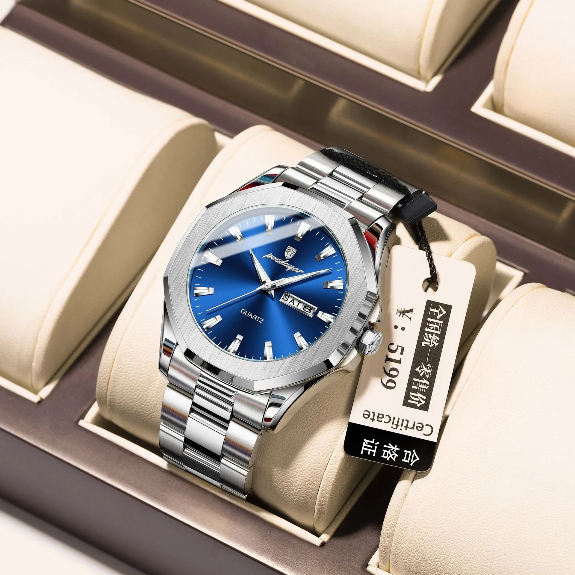 Men's steel strap quartz watch with 9mm case in gold and blue colour combination