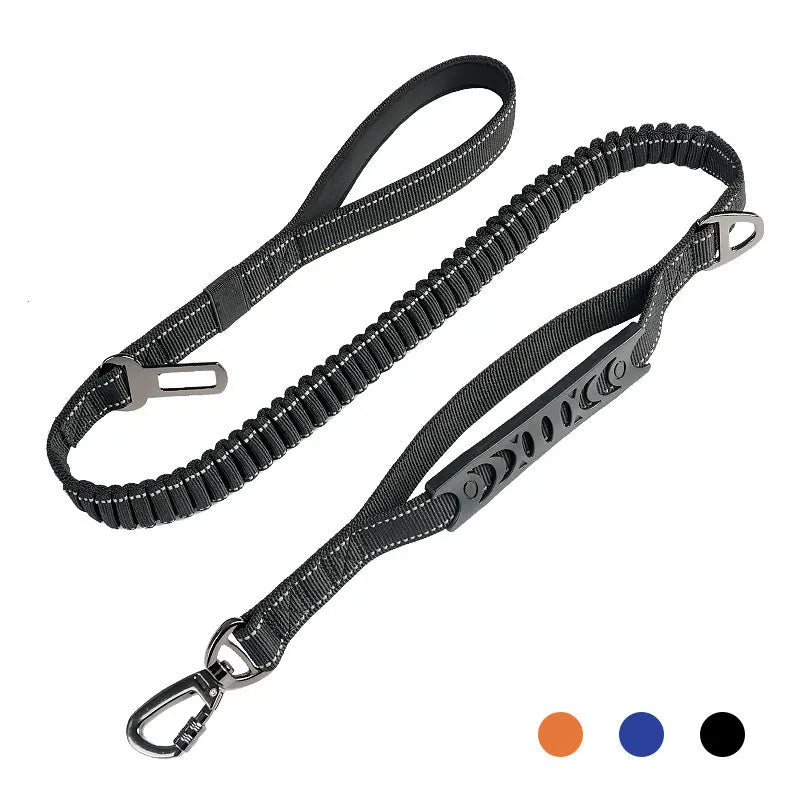 Black retractable reflective nylon traction belt for dogs with hand-held buffer grip