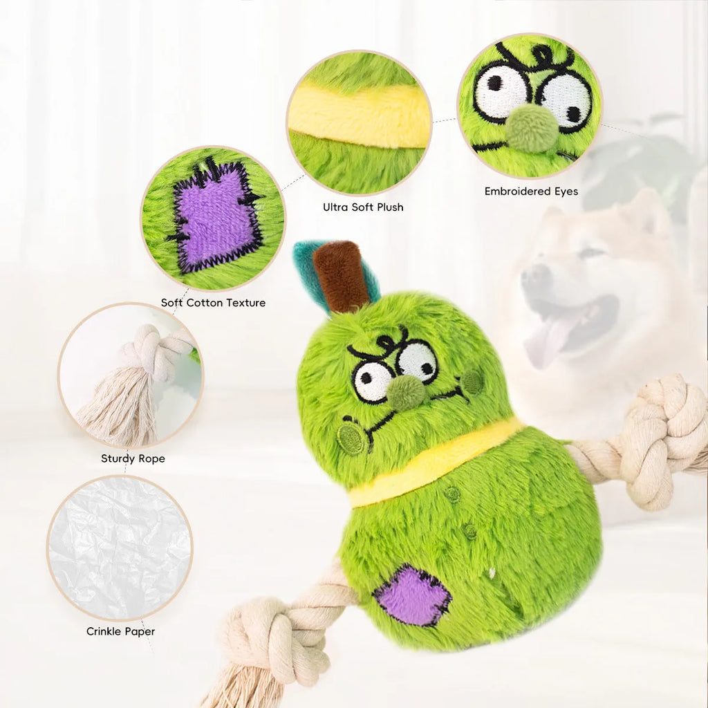 Green and purple interactive dog tug toy with long knotted rope and plush section