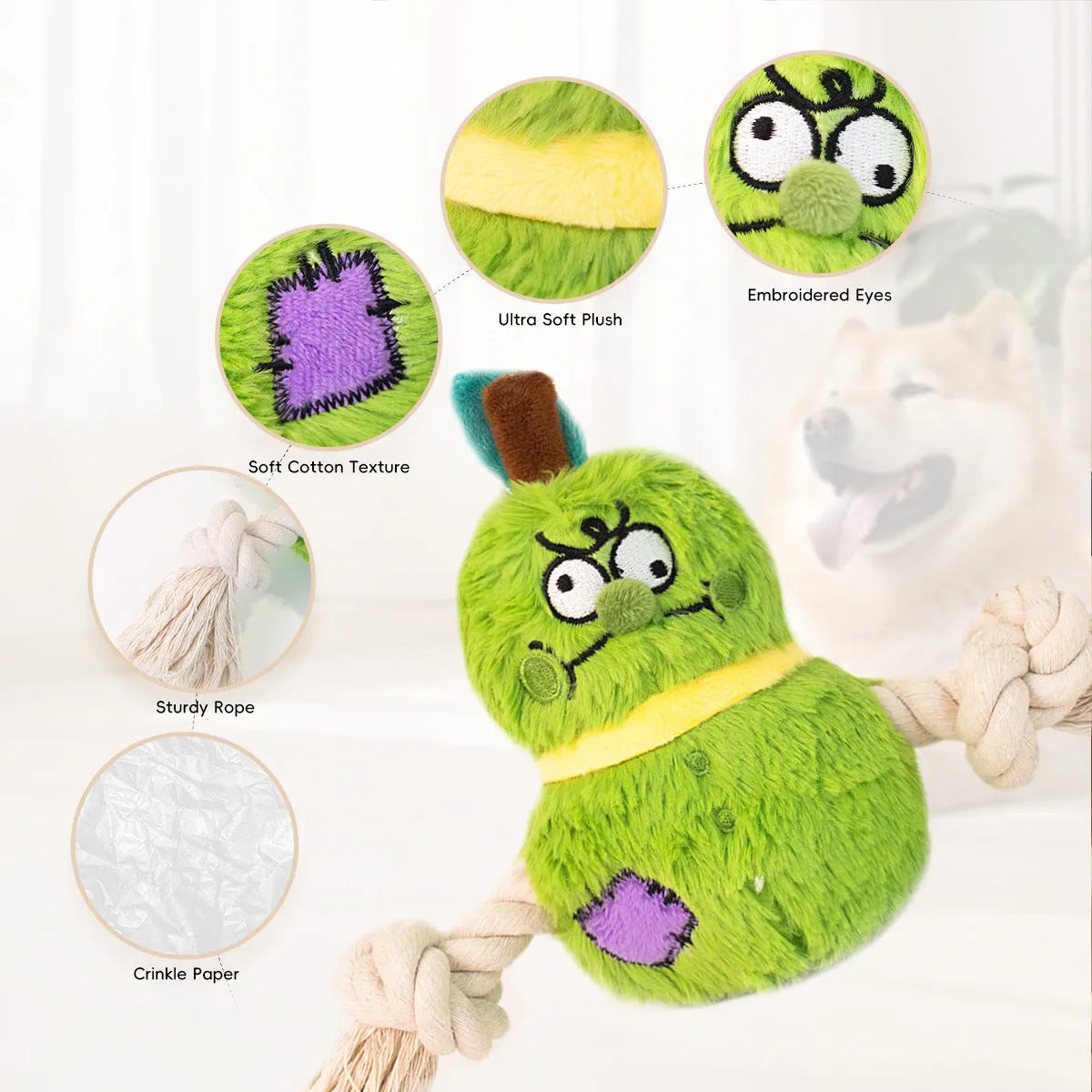 Green and purple interactive dog tug toy with long knotted rope and plush section