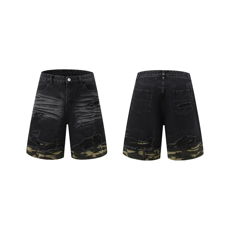 Leopard print denim matching set with short sleeve top and shorts featuring raw cut edge stitching