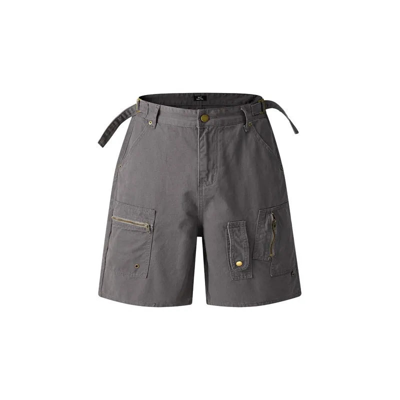 Retro washed cotton workwear shorts in loose fit with half elastic waistband