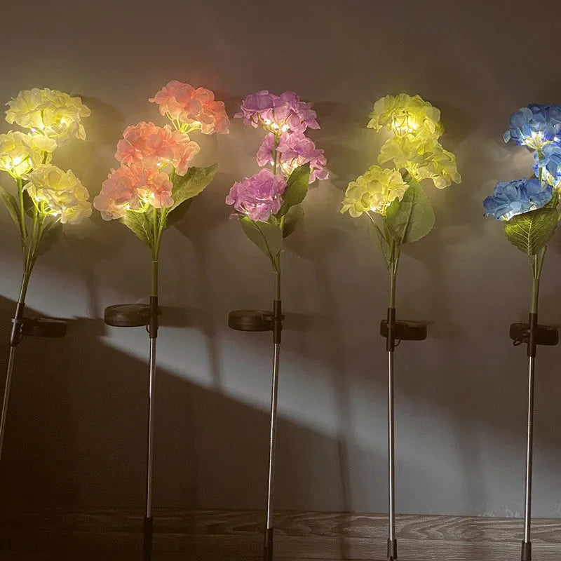 Solar hydrangea garden lights with plant modelling in outdoor setting showing colour variations