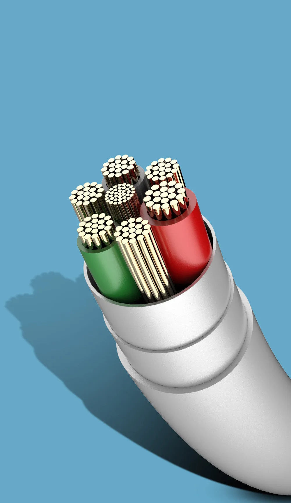 White universal phone charging cable with USB-C, Micro USB, and USB-A connectors on a 1.2m PVC cord.