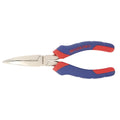 Blue handled curved nose pliers with double-colour plastic sleeves for electronics and craft work.