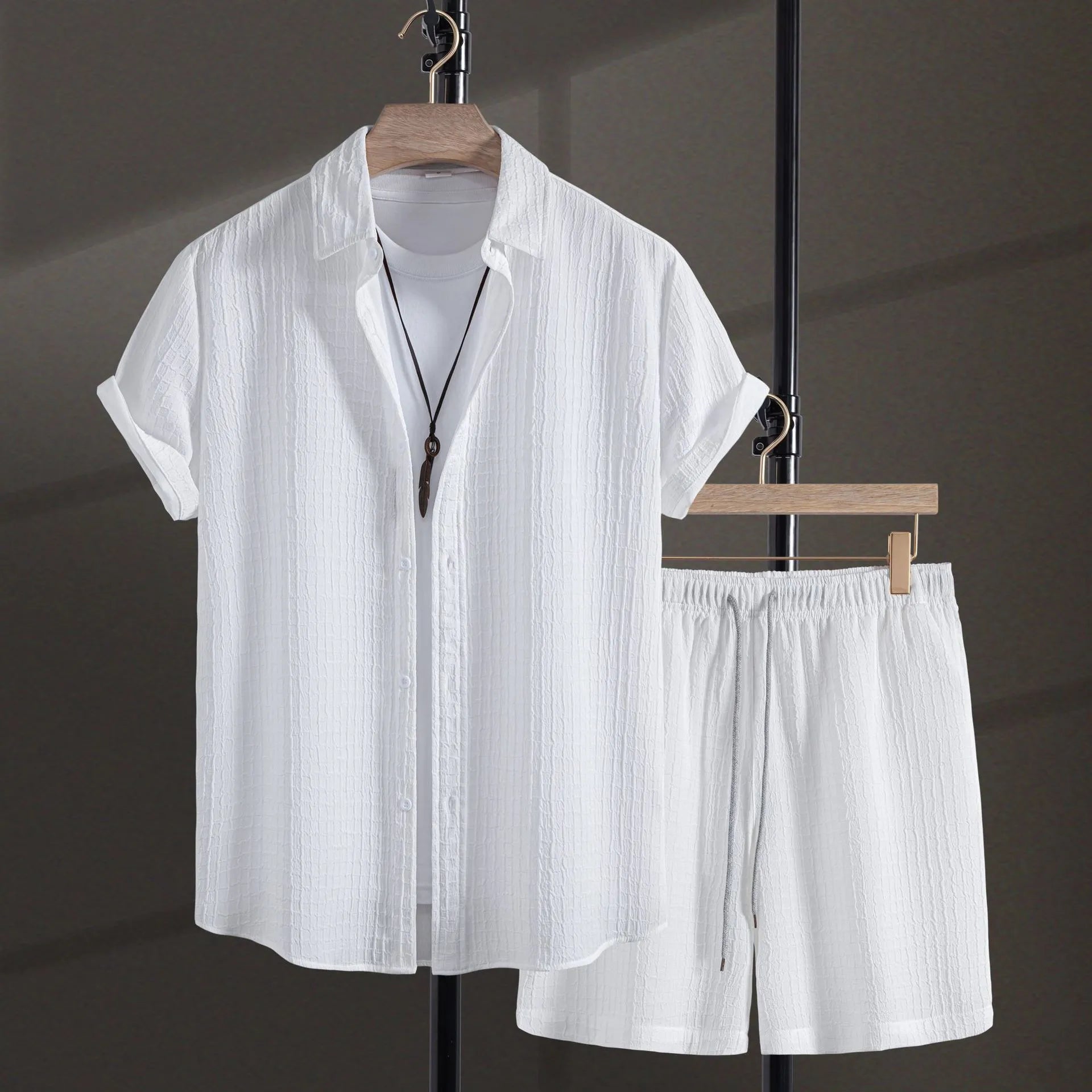 Men's white cotton blend short sleeve shirt and shorts casual suit set