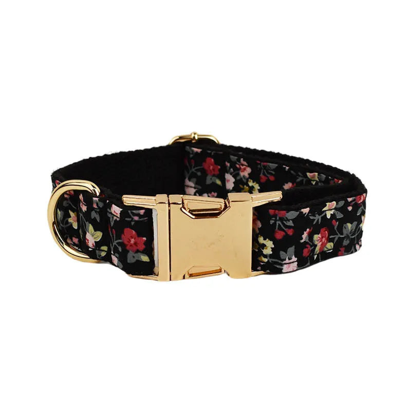 Cloth dog collar set with removable bow, printed lettering, matching leash, and vest in assorted colours