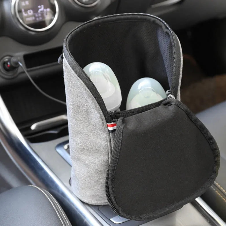 Grey Oxford cloth portable car baby bottle warmer with digital display and car charger