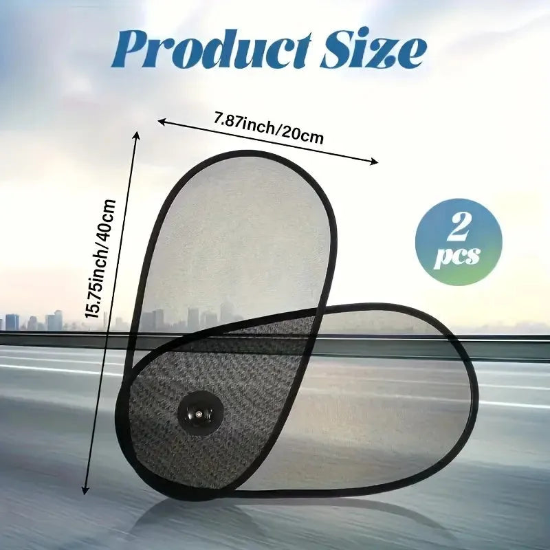 Black breathable car window shade with suction cups attached to a car side window for baby sun protection