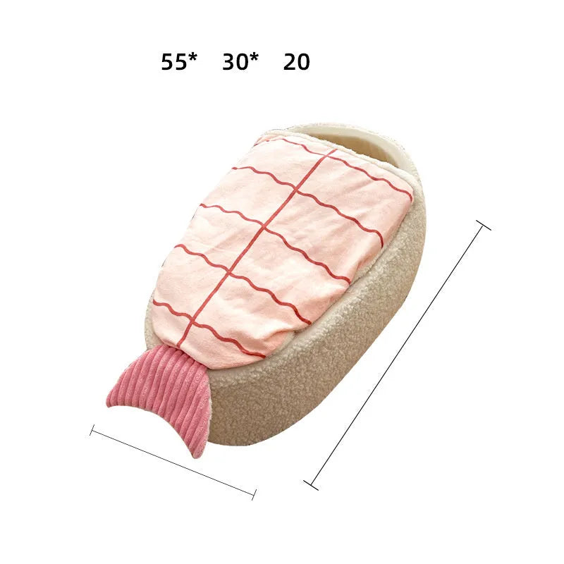Sushi-shaped warm pet nest mattress with removable plush cover for cats and dogs
