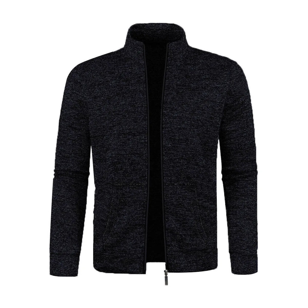 Men's long zipper light fleece jacket in black, loose fit, cardigan style, sizes S to 3XL