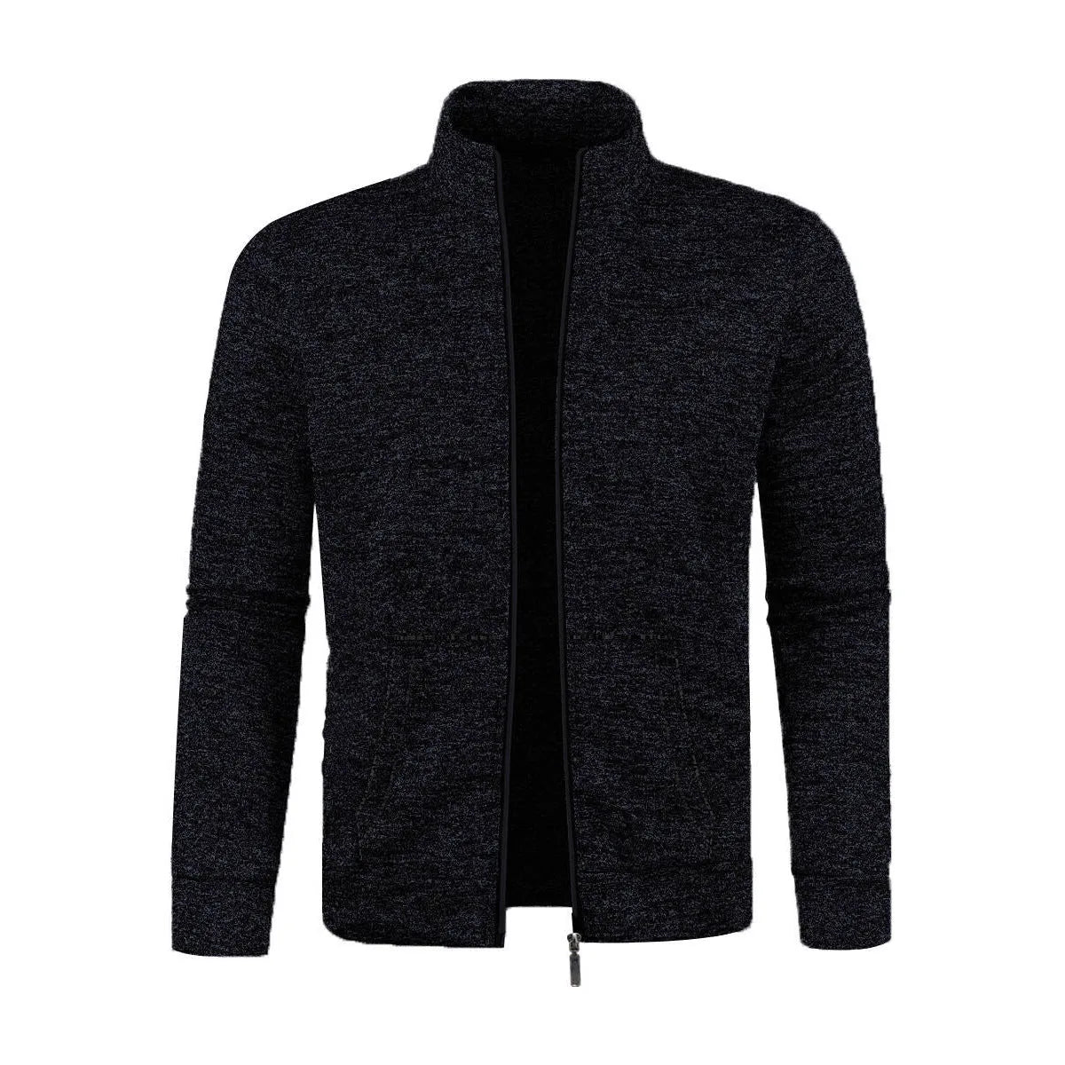 Men's long zipper light fleece jacket in black, loose fit, cardigan style, sizes S to 3XL