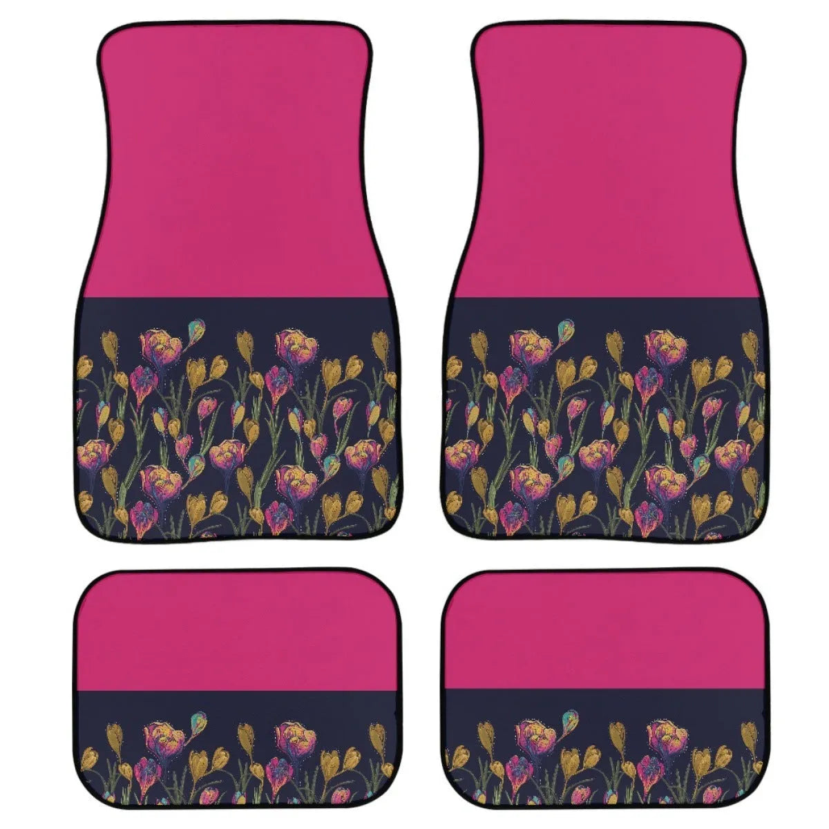 Black rubber car floor mat set with waterproof lining, four-piece suit for vehicle footwells.