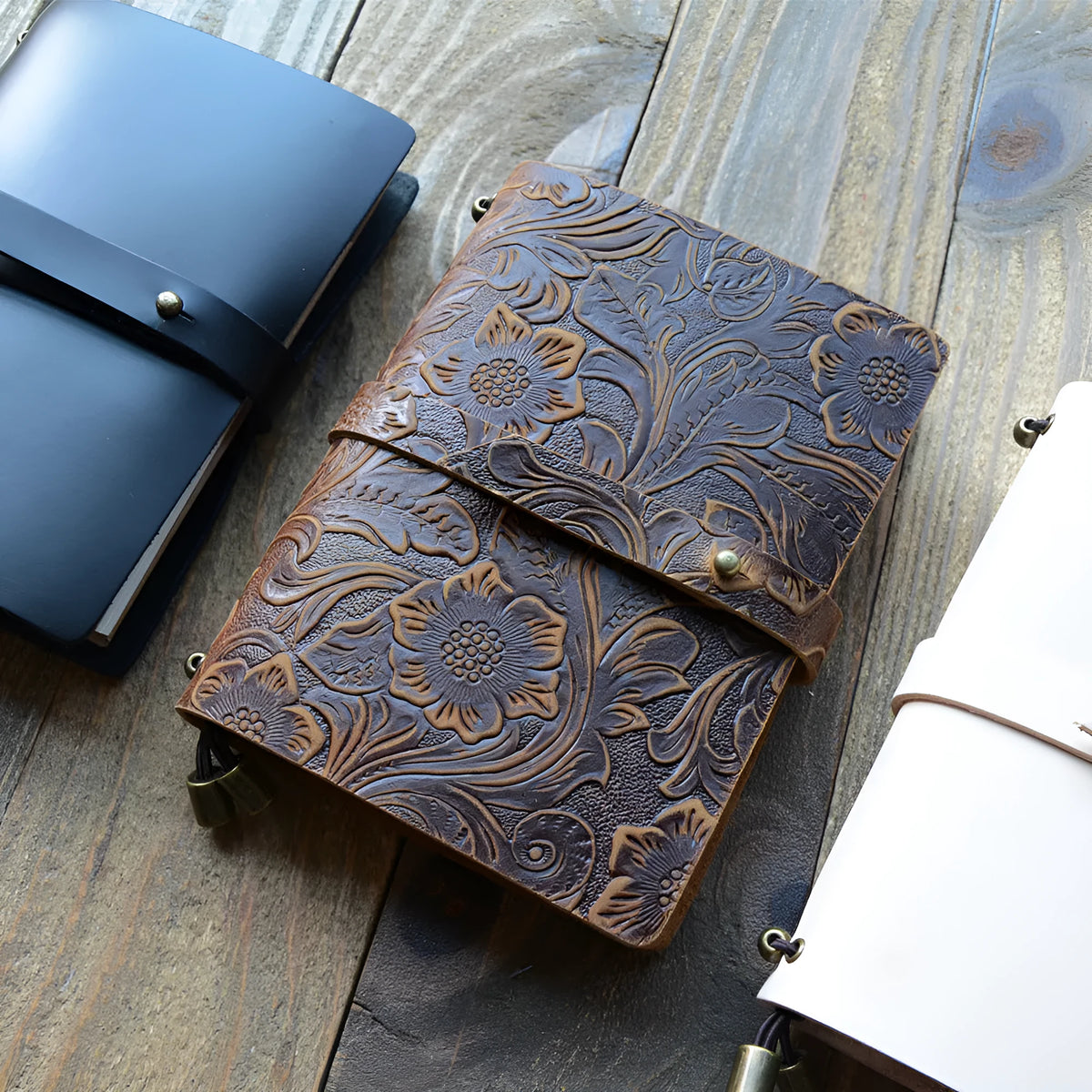 Creative carved cowhide passport cover in genuine leather, front view, with texture detail