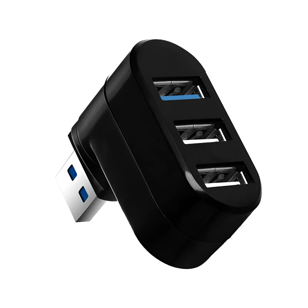 Black USB rotary splitter hub with four USB ports on a white desktop