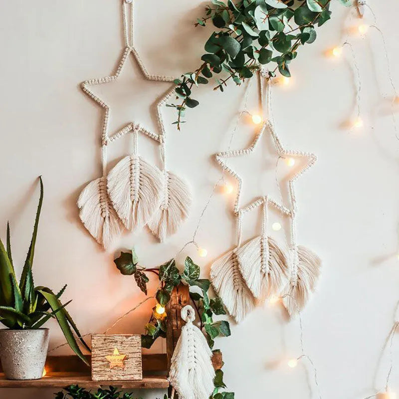 Handmade woven dreamcatcher hanging lamp with star light on bedroom wall, 90cm length, cotton thread
