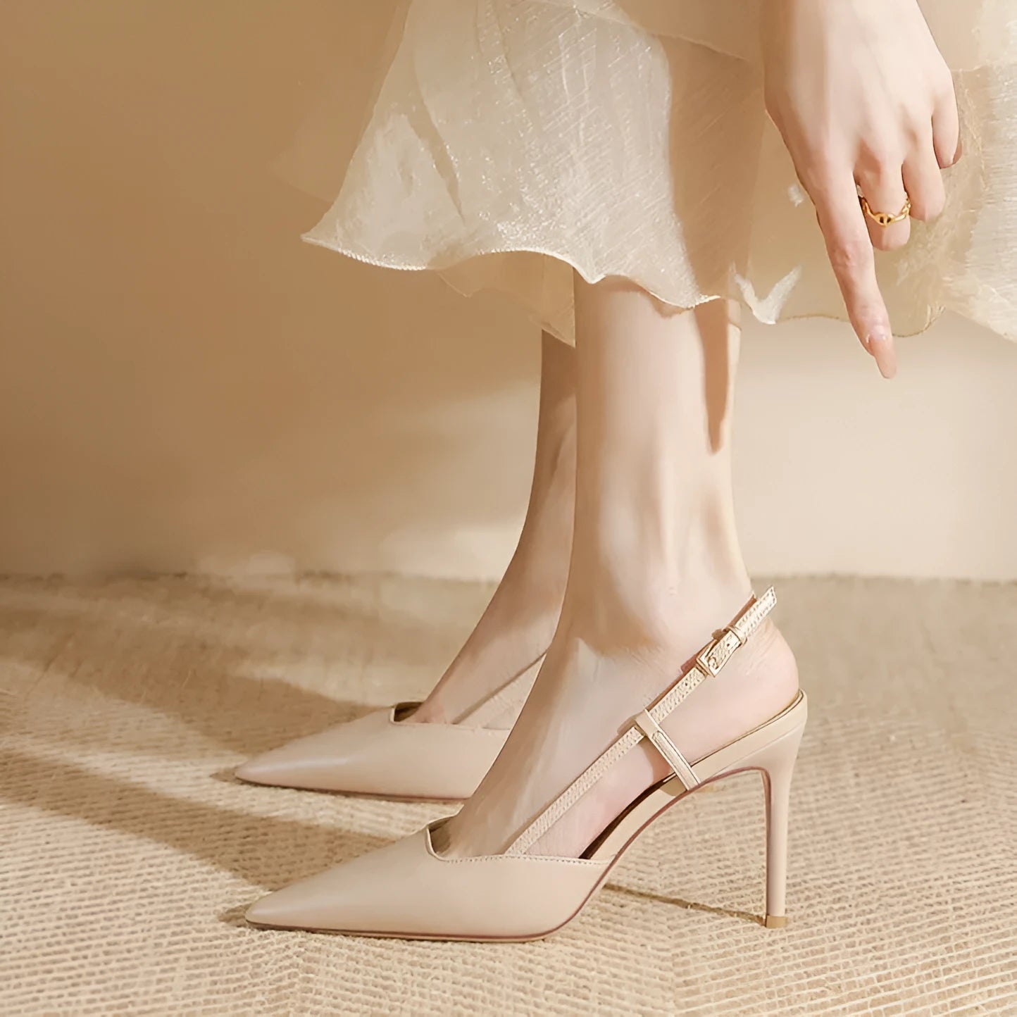 Apricot women's high-heeled sandals with buckle strap and thin belt design