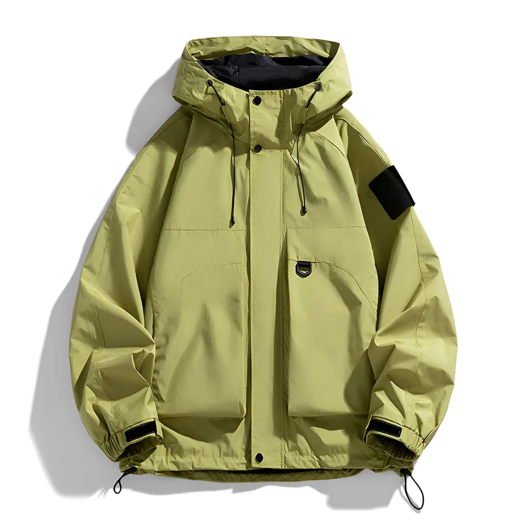 Men's black hooded waterproof windproof jacket on a hanger