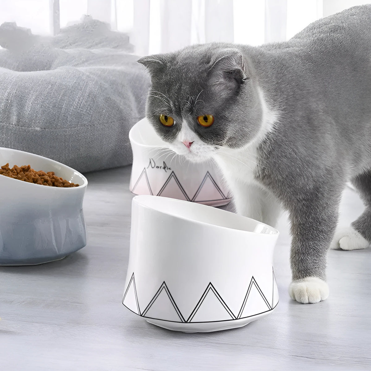 Nordic ridged ceramic pet bowl for cats and dogs, 16x16x12cm, grey pink or white