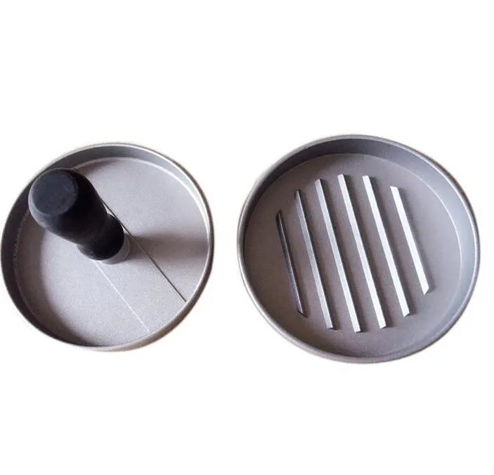 Single aluminium die cast burger press with base and handled plate, 12x12x9 cm size