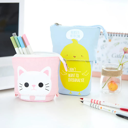 Korean-style round canvas pencil bag with cartoon pattern and zippered closure