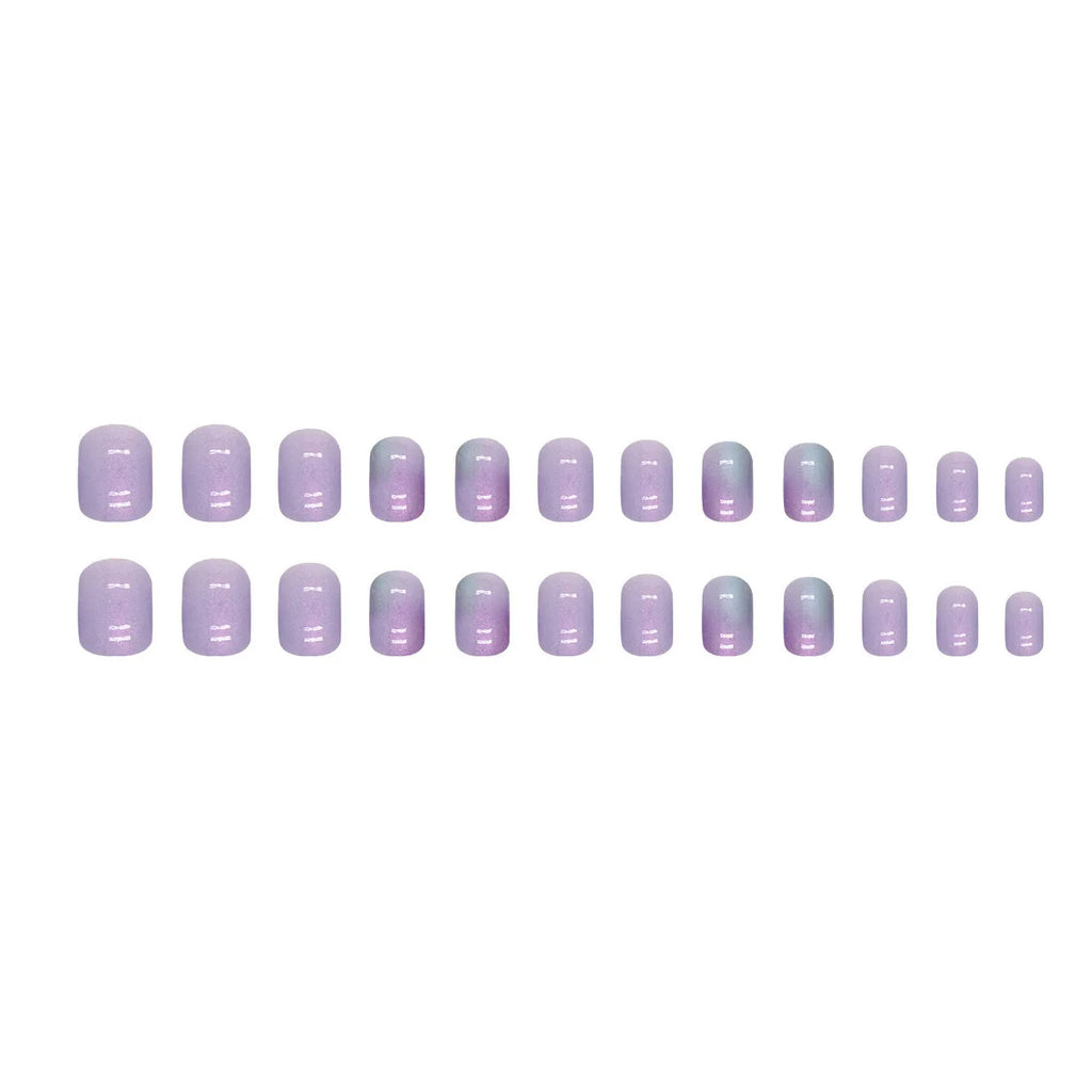Short aurora fake nails with starry sky pattern in bright colours, 24 pieces with adhesive glue