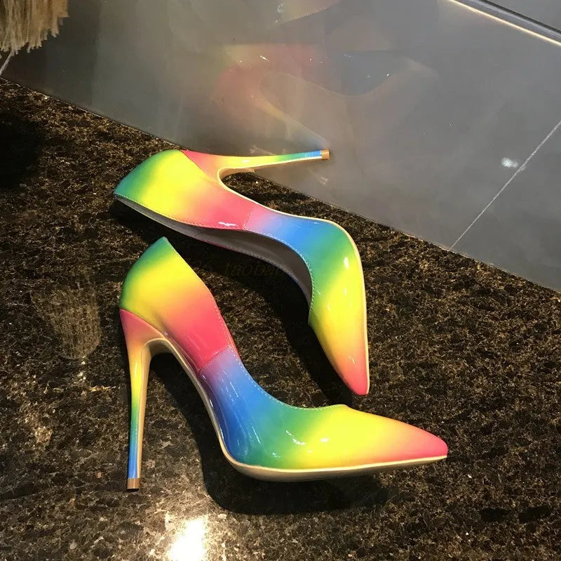 Rainbow patent leather women's high heels with pointed toe and thin ultra-high heel.