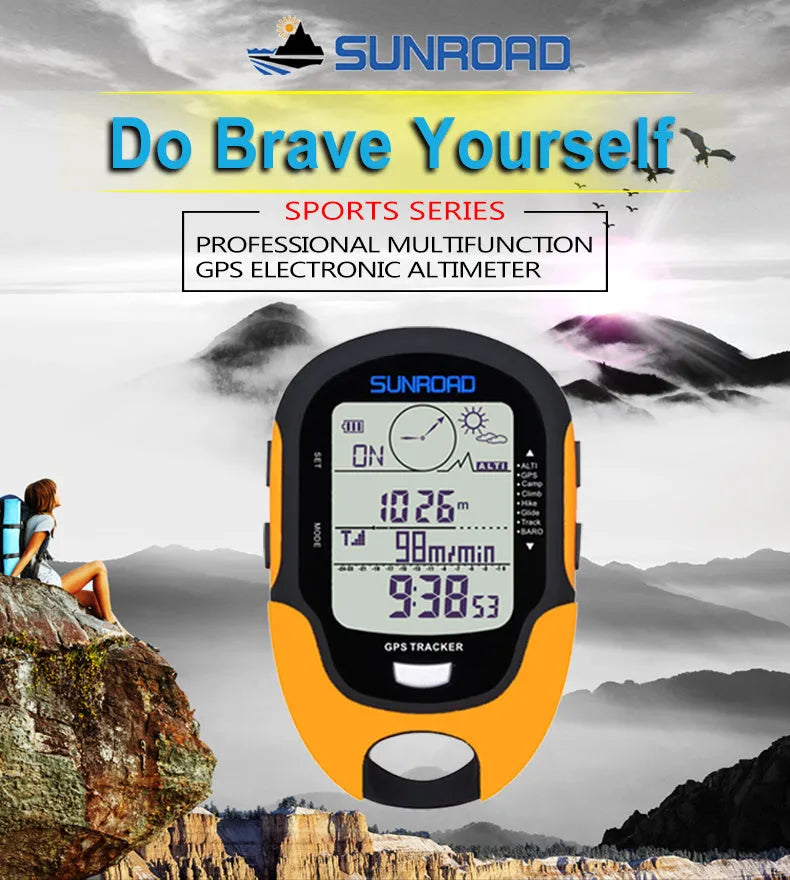 Yellow outdoor navigation altimeter with electronic compass and air pressure display on a rock