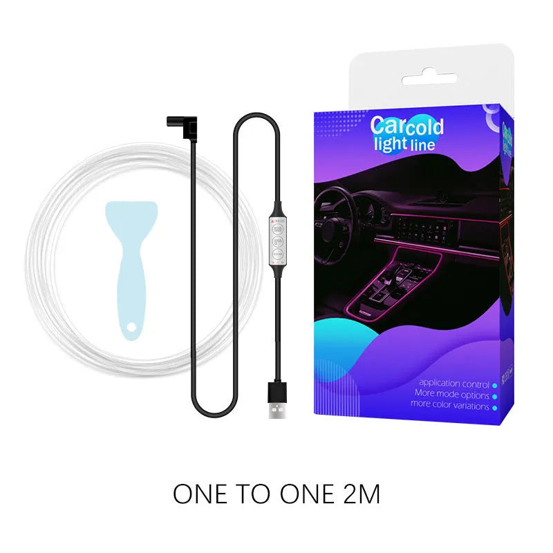 Car interior USB RGB LED light strip kit with wireless remote control showing colour options