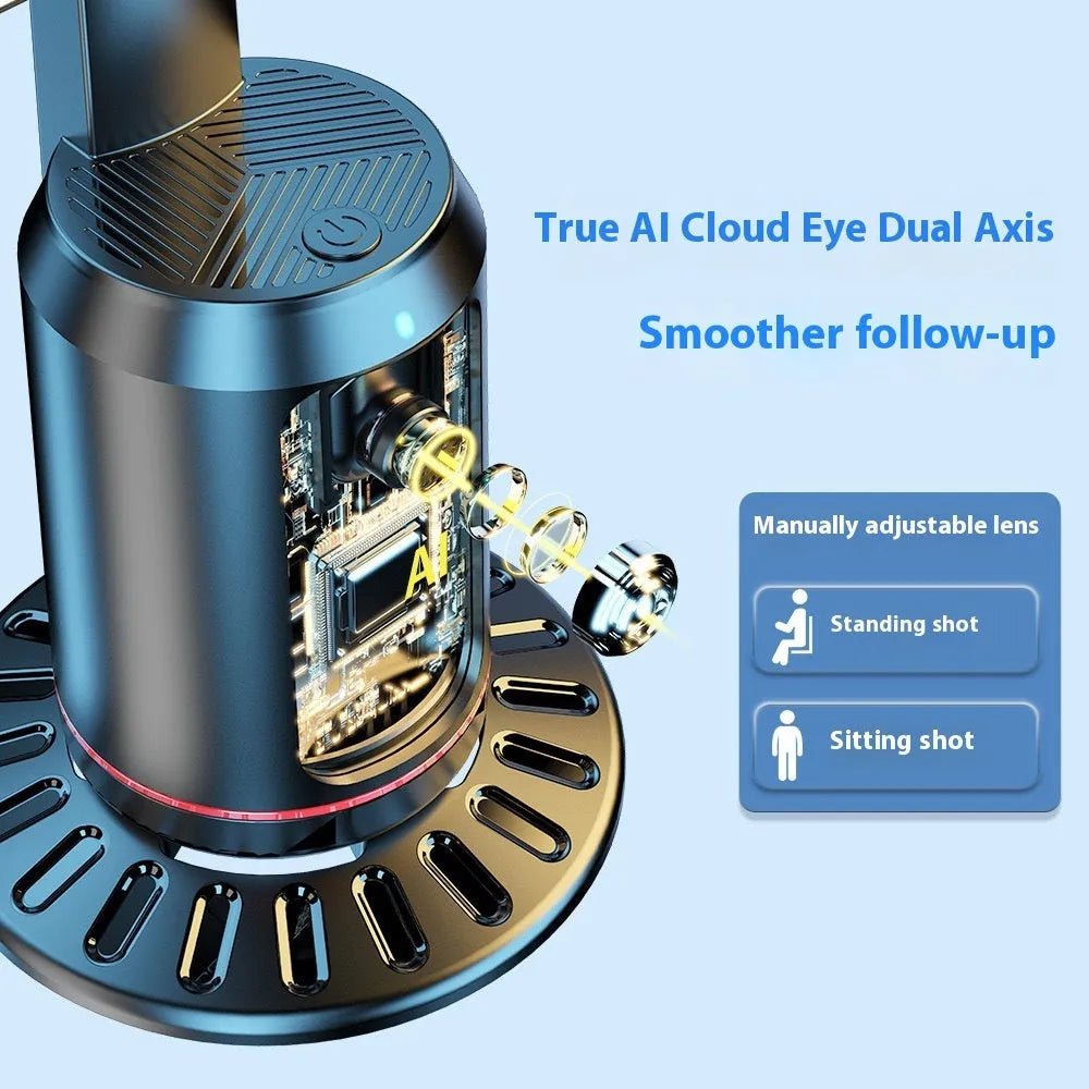 Smart AI face recognition selfie holder with Bluetooth remote on a desk, showing 360-degree rotation feature