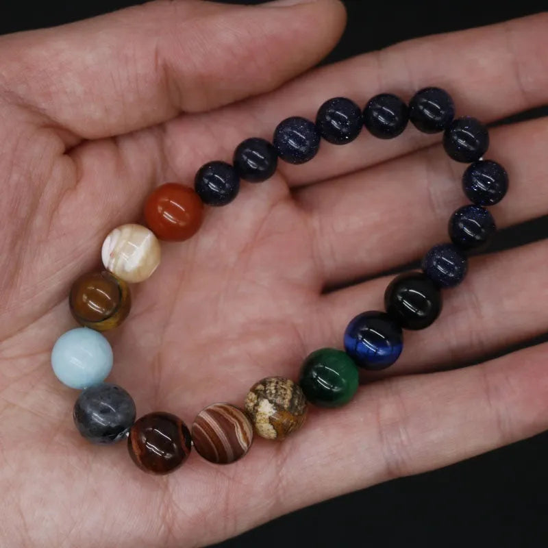 Eight planets natural stone beaded bracelet on wrist, 19cm elastic unisex design