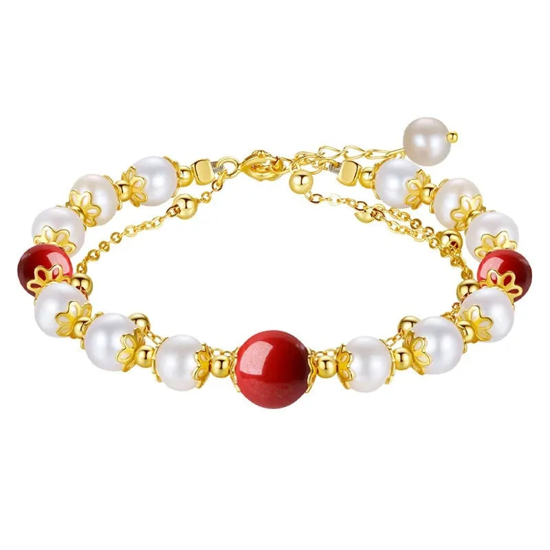 Sterling silver double-layer bracelet with white moonlight and cinnabar mole freshwater pearl design