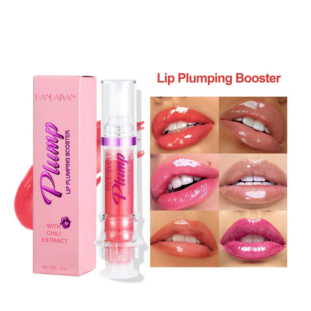 Tube of lip gloss showing shiny finish, available in six different colour shades.