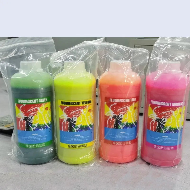 Cartridge of fluorescent orange sublimation ink for PET film printing, with 1000ml capacity shown.