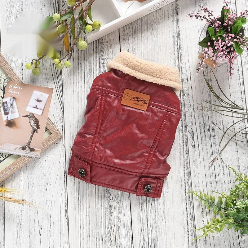 Red British-style PU leather pet coat with fleece lining for cats and dogs