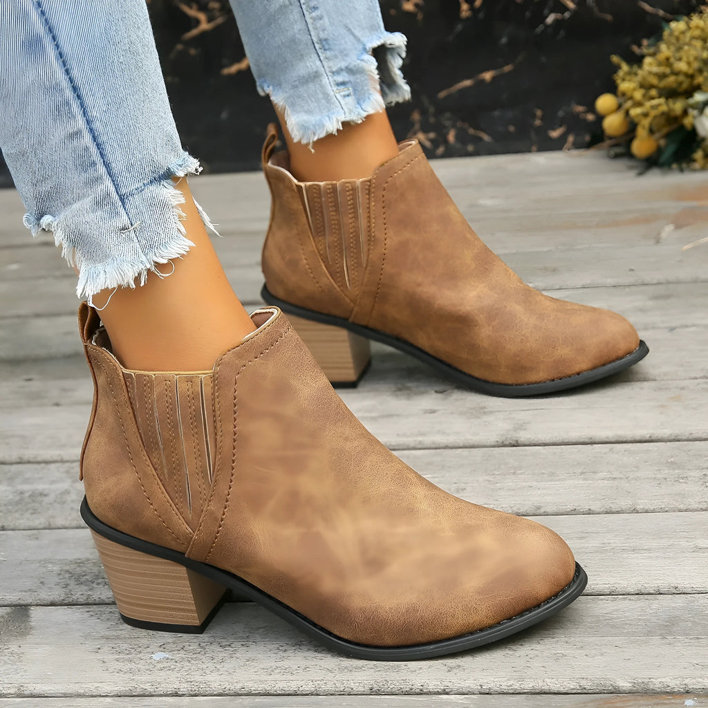 Women's pointed toe thick square heel ankle boots in black artificial PU