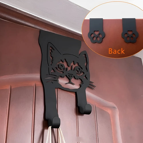 Black cat silhouette wall hook with adhesive backing for no-drill mounting