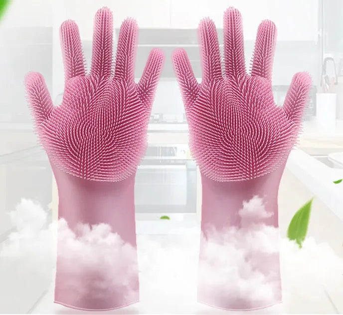 Blue silicone cleaning gloves with a textured sponge palm design for scrubbing.