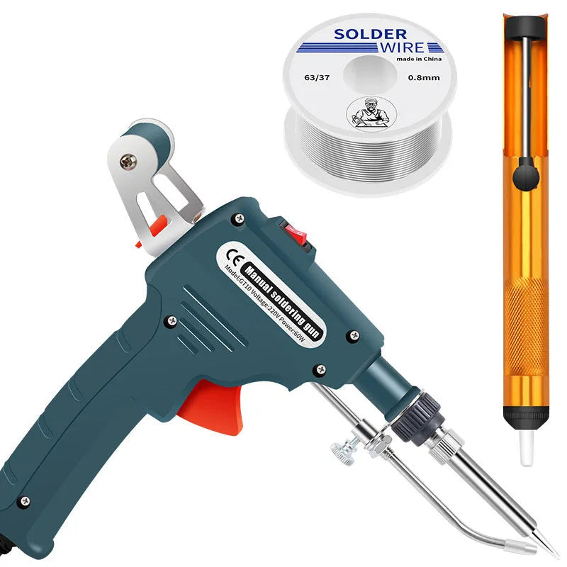 Handheld electric soldering gun with plastic handle, anti-static tweezers, and desoldering tool on a workbench