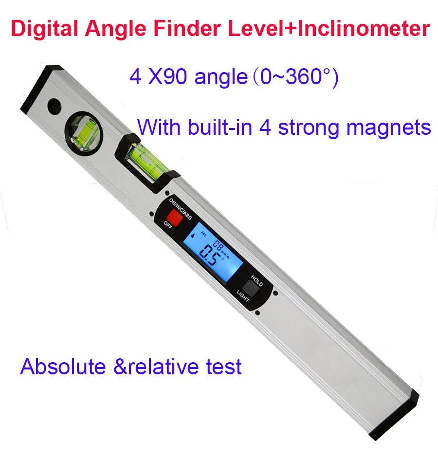 Digital magnetic angle meter 400mm with flip-up LCD display and four built-in magnets on base plate