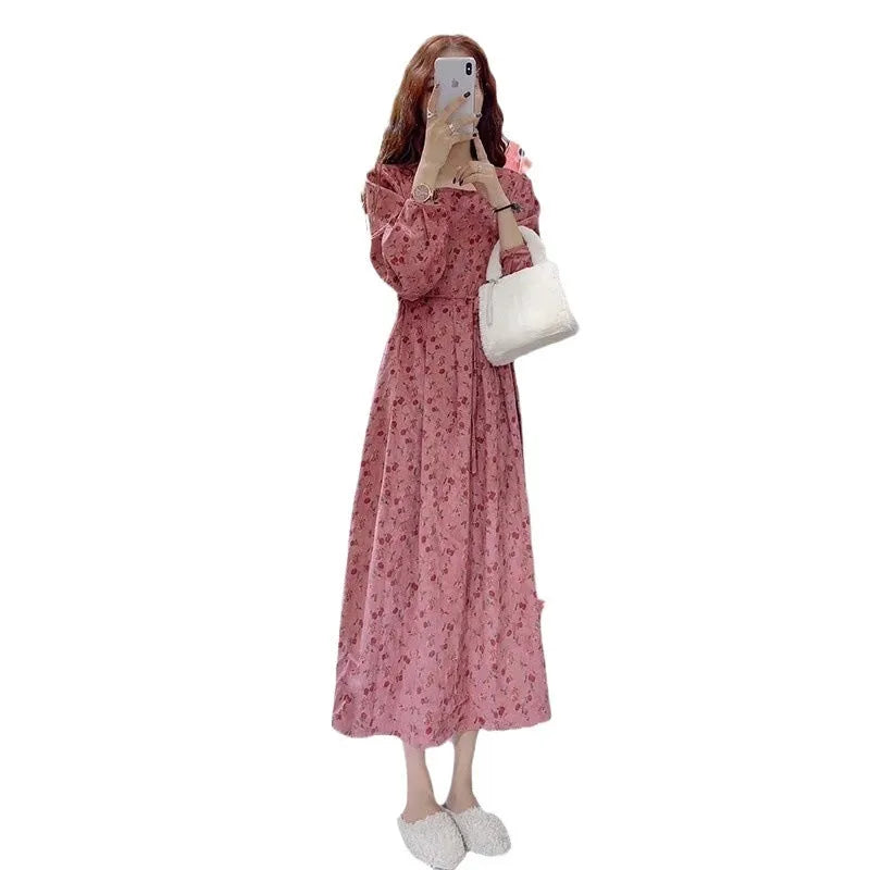Red knitted cotton dress with elastic high waist, 3/4 princess sleeves, and floral pattern.