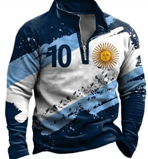 Man wearing a loose-fit long sleeve golf top with retro colour printing and a zipper decoration detail.
