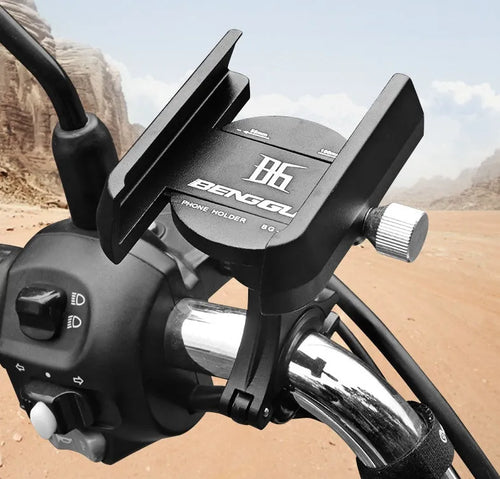 Black aluminium alloy bicycle phone holder mounted on handlebar, sized for phones 55-100mm wide.