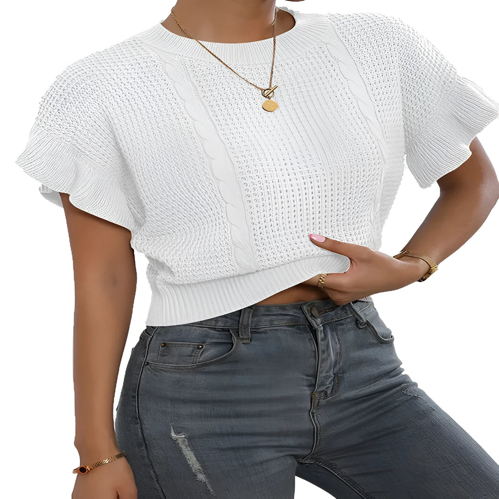 Twisted string design knitted pullover sweater with ruffled short sleeves in loose fit.
