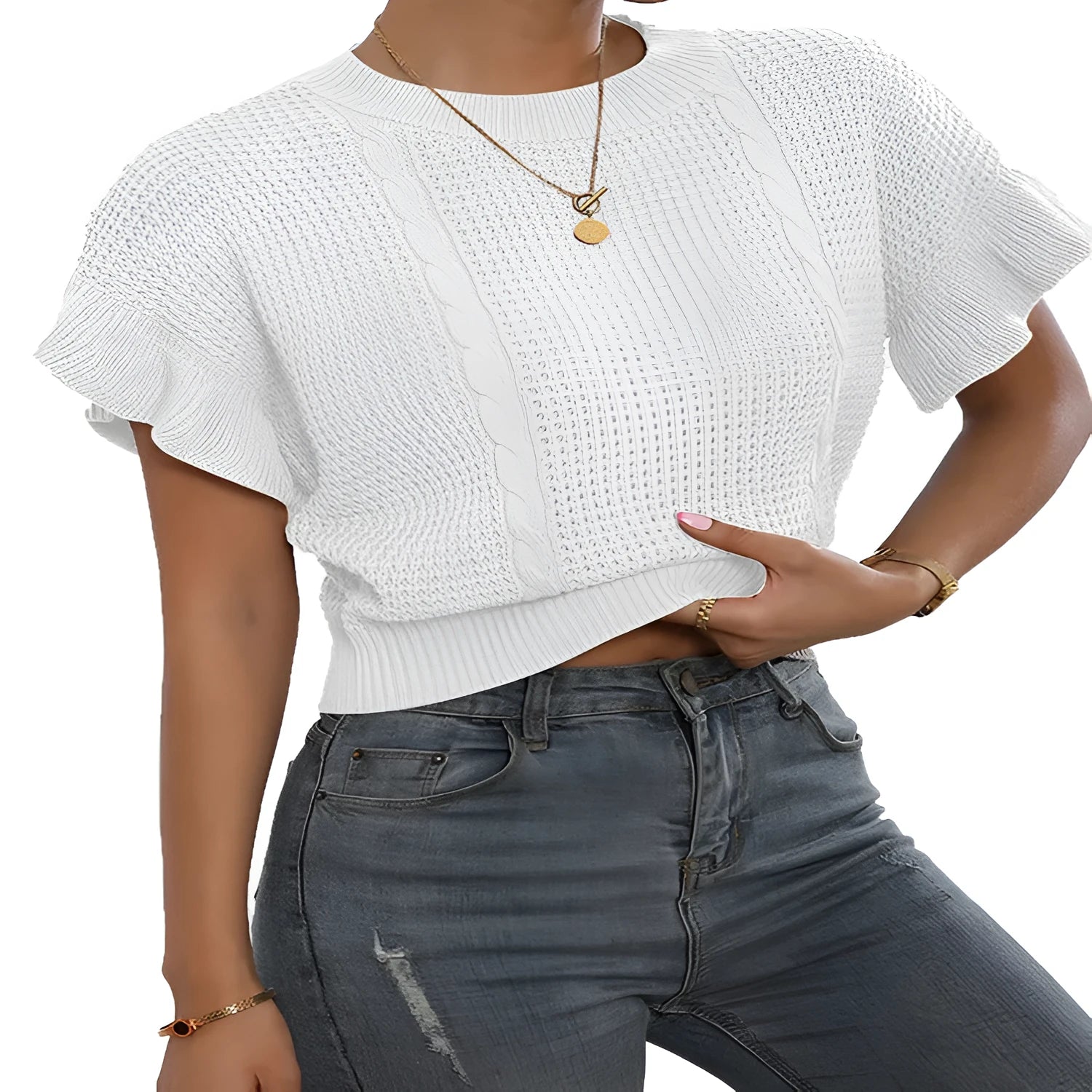 Twisted string design knitted pullover sweater with ruffled short sleeves in loose fit.