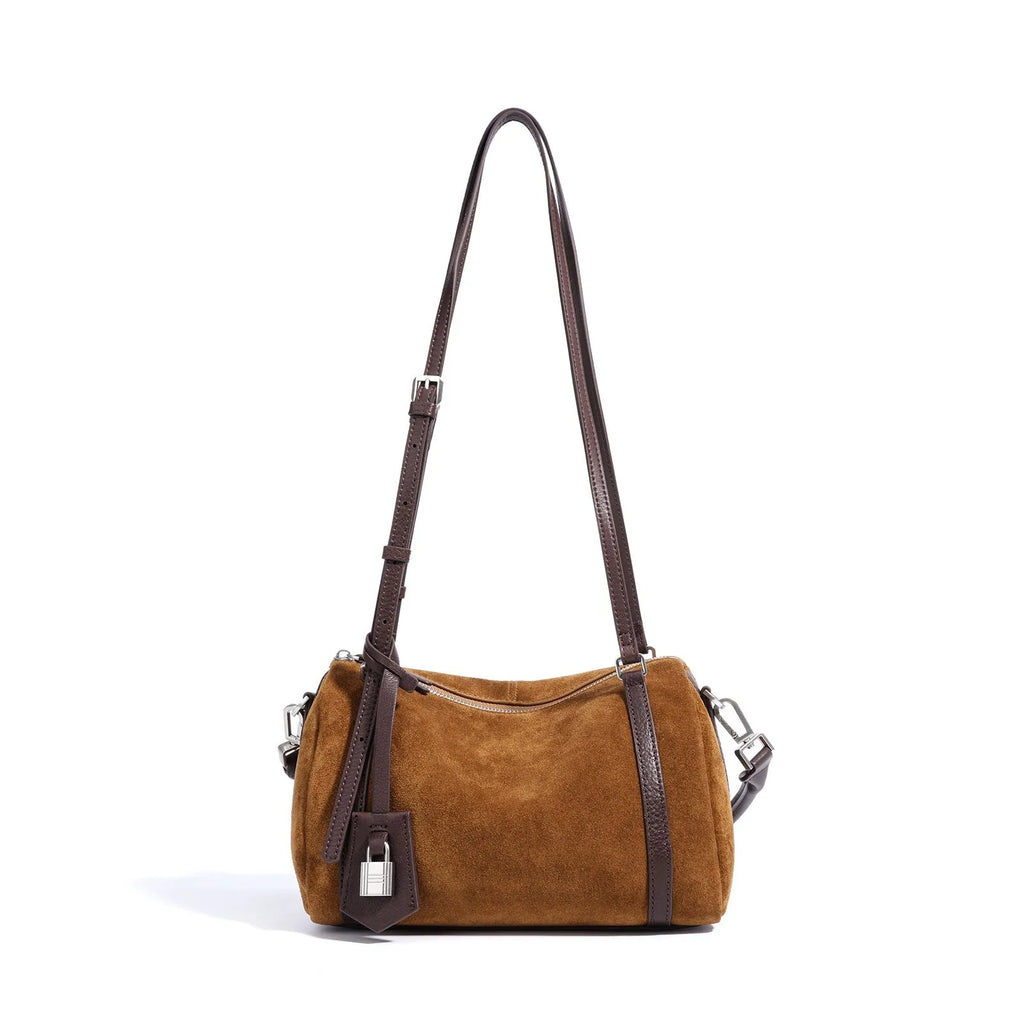 Retro first layer cowhide leather crossbody bag with double shoulder straps in apricot colour
