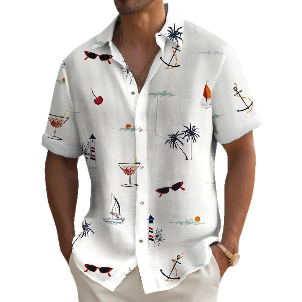 Men's loose-fit digital print Hawaiian shirt in polyester on a hanger.