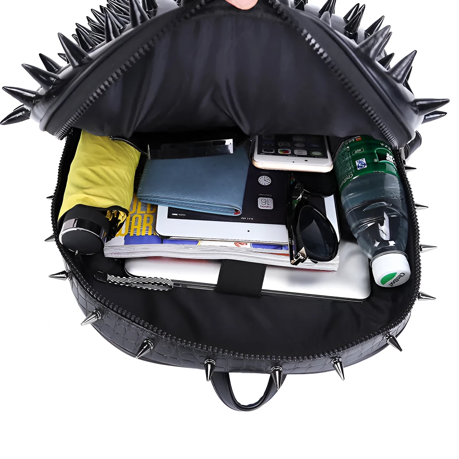Women's wolf proof backpack in black PU leather with punk rock hollow out design and air cushion shoulder straps